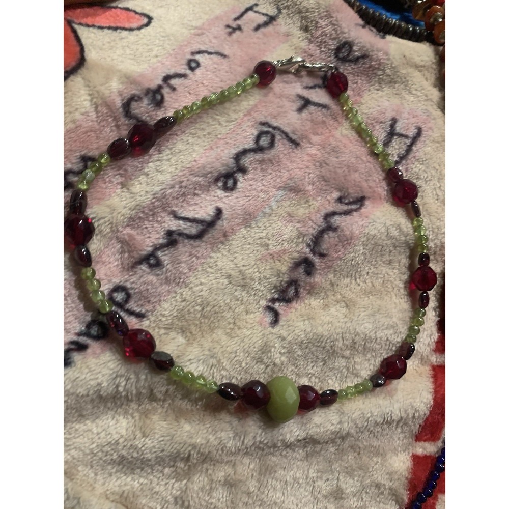 Faceted Garnet and Peridot Beaded Necklace Green Red Gemstone Jewelry